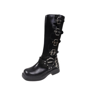 GOTH Knee High Platform Boots - Low Heel Punk Gothic Motorcycle Footwear for Women - KME means the very best