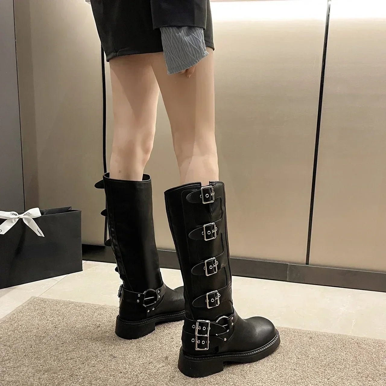 GOTH Knee High Platform Boots - Low Heel Punk Gothic Motorcycle Footwear for Women - KME means the very best