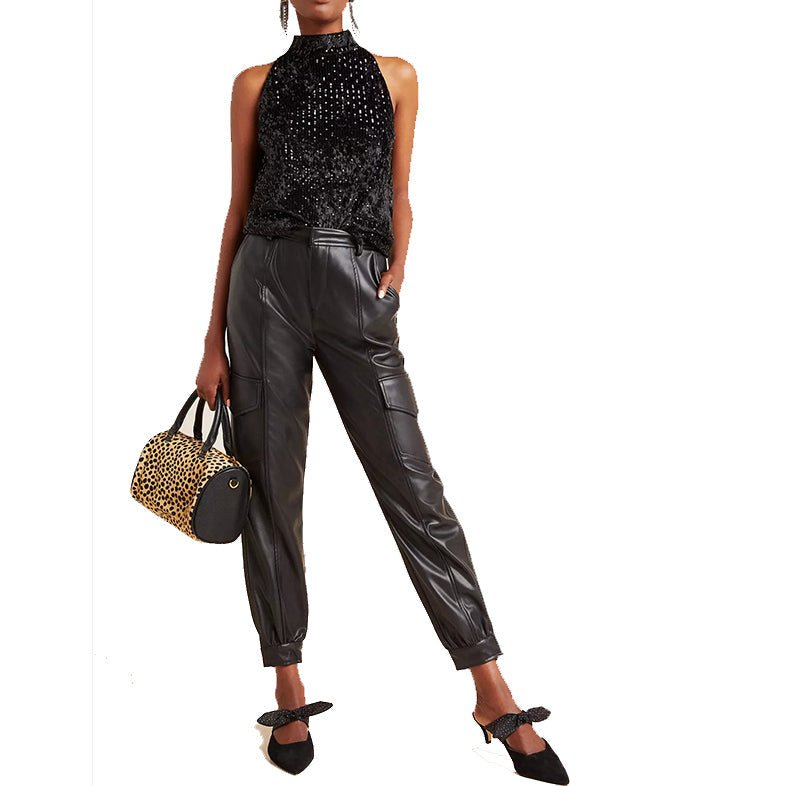 Imogen Women's Genuine Leather Slim Fit Pants Black - KME means the very best