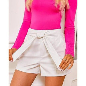 Lottie Women's Real Leather High Waist Wide Leg Shorts White - KME means the very best