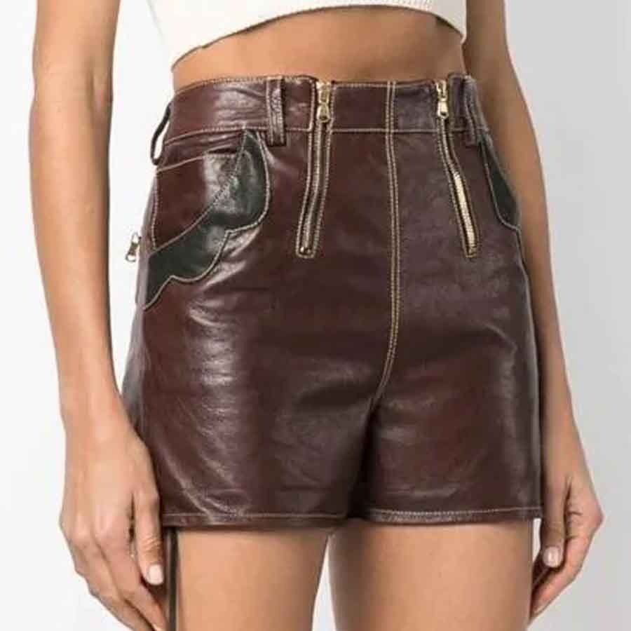 Maya Women's Genuine Leather High Waisted Shorts Brown - KME means the very best