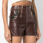 Load image into Gallery viewer, Maya Women&#39;s Genuine Leather High Waisted Shorts Brown - KME means the very best
