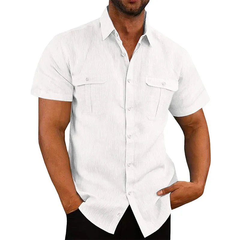 Men's Double Pocket Cotton Linen Short Sleeve Shirt | Casual Button - Up Holiday Top in White - KME means the very best