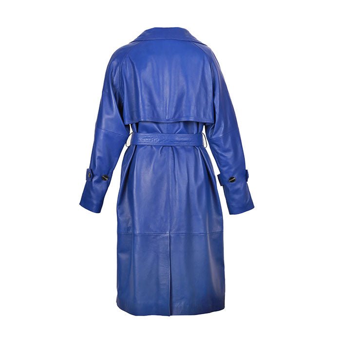 Milly Women's Leather Double Breasted Long Coat Blue - KME means the very best