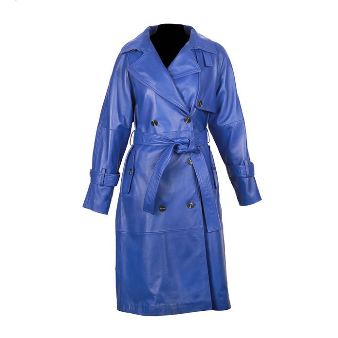 Milly Women's Leather Double Breasted Long Coat Blue - KME means the very best