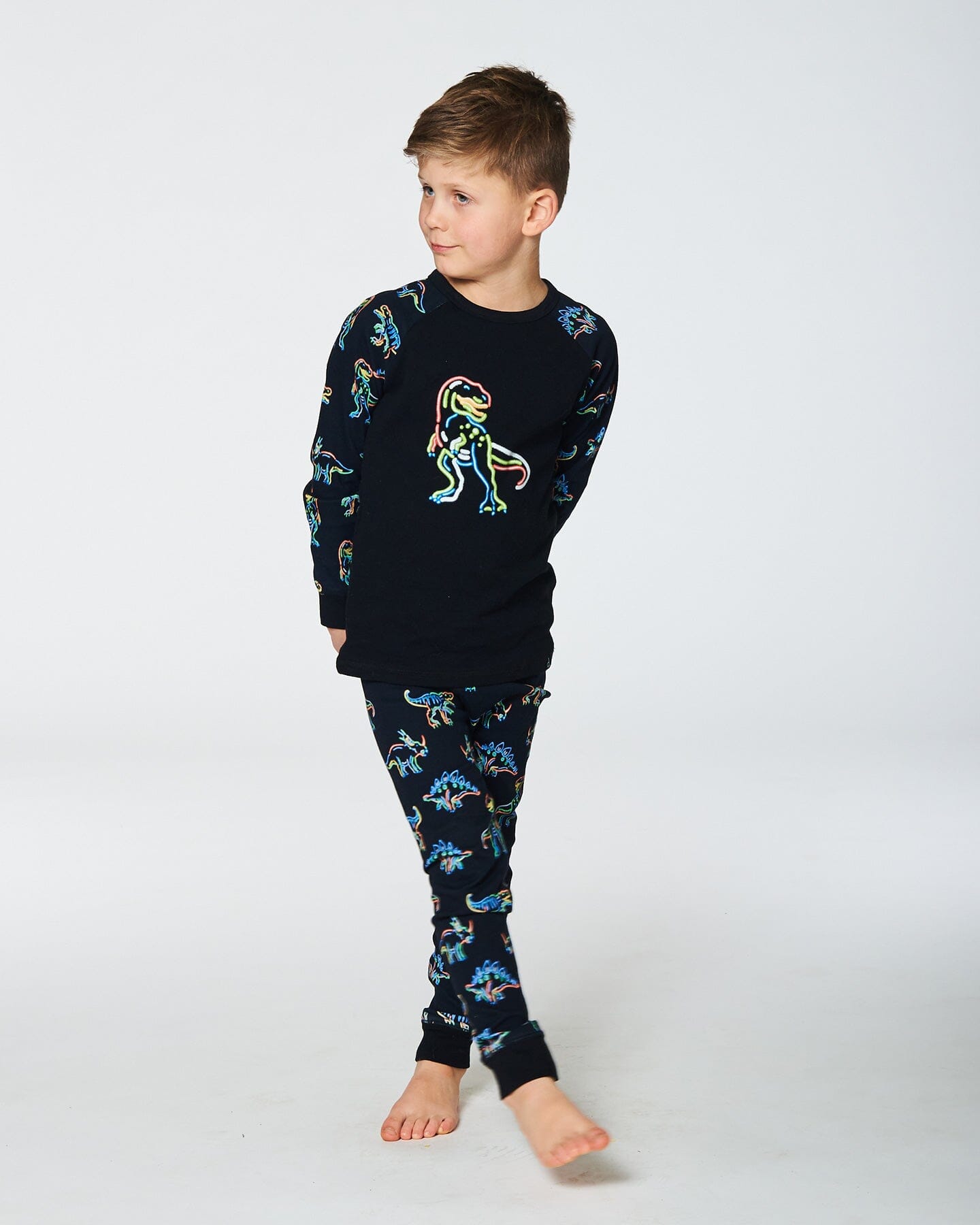 Organic Cotton Two Piece Pajama Set Black Printed Neon Dino - KME means the very best