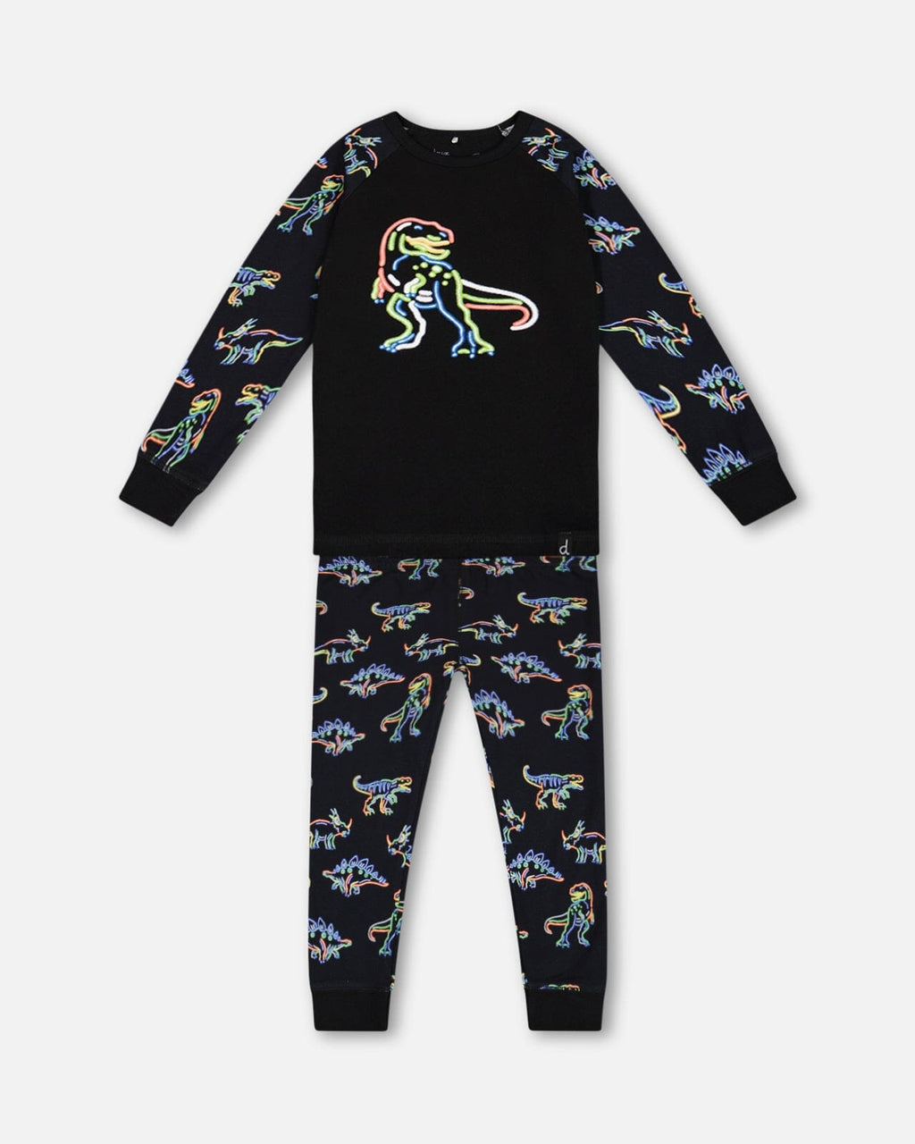 Organic Cotton Two Piece Pajama Set Black Printed Neon Dino - KME means the very best