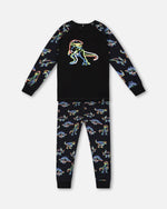 Load image into Gallery viewer, Organic Cotton Two Piece Pajama Set Black Printed Neon Dino - KME means the very best
