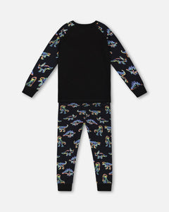 Organic Cotton Two Piece Pajama Set Black Printed Neon Dino - KME means the very best