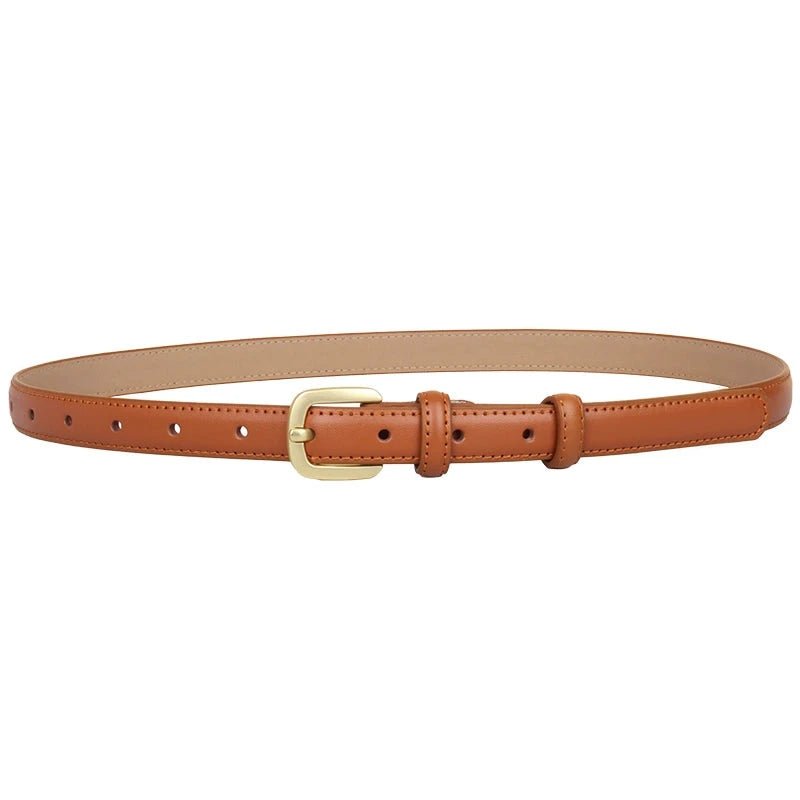 Punch - Free Female Brown Belt - Minimalist Cowhide Leather Belt for Women with Alloy Pin Buckle - KME means the very best