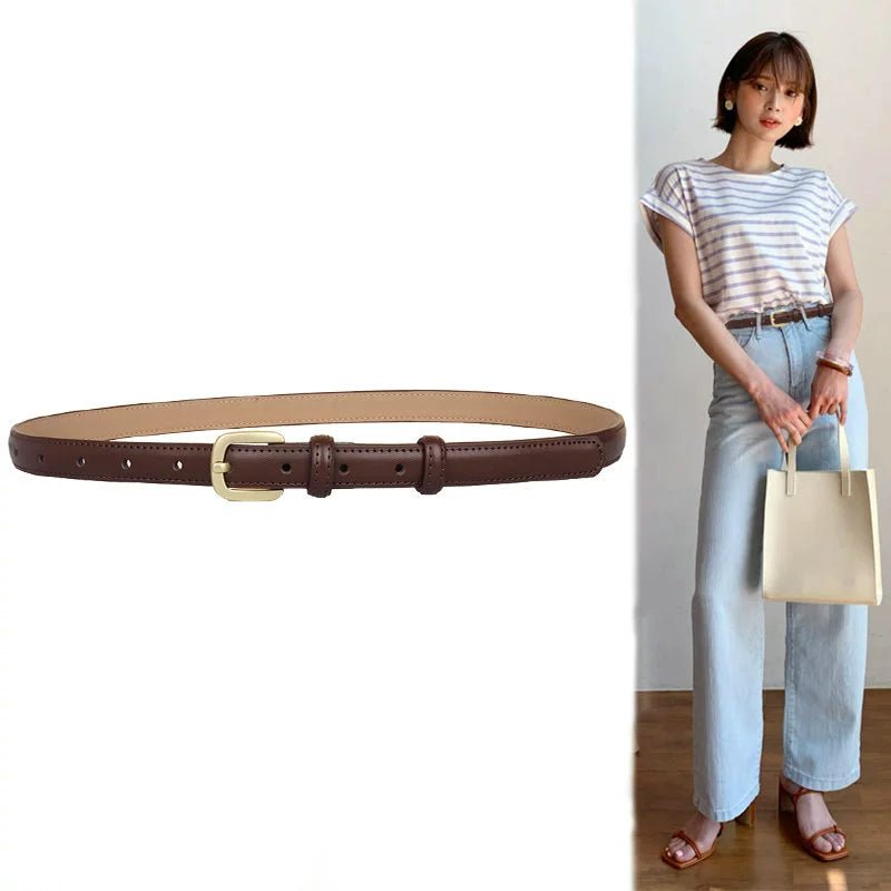 Punch - Free Female Brown Belt - Minimalist Cowhide Leather Belt for Women with Alloy Pin Buckle - KME means the very best