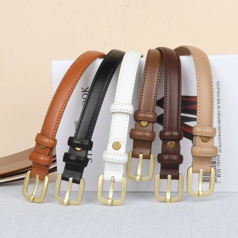 Punch - Free Female Brown Belt - Minimalist Cowhide Leather Belt for Women with Alloy Pin Buckle - KME means the very best