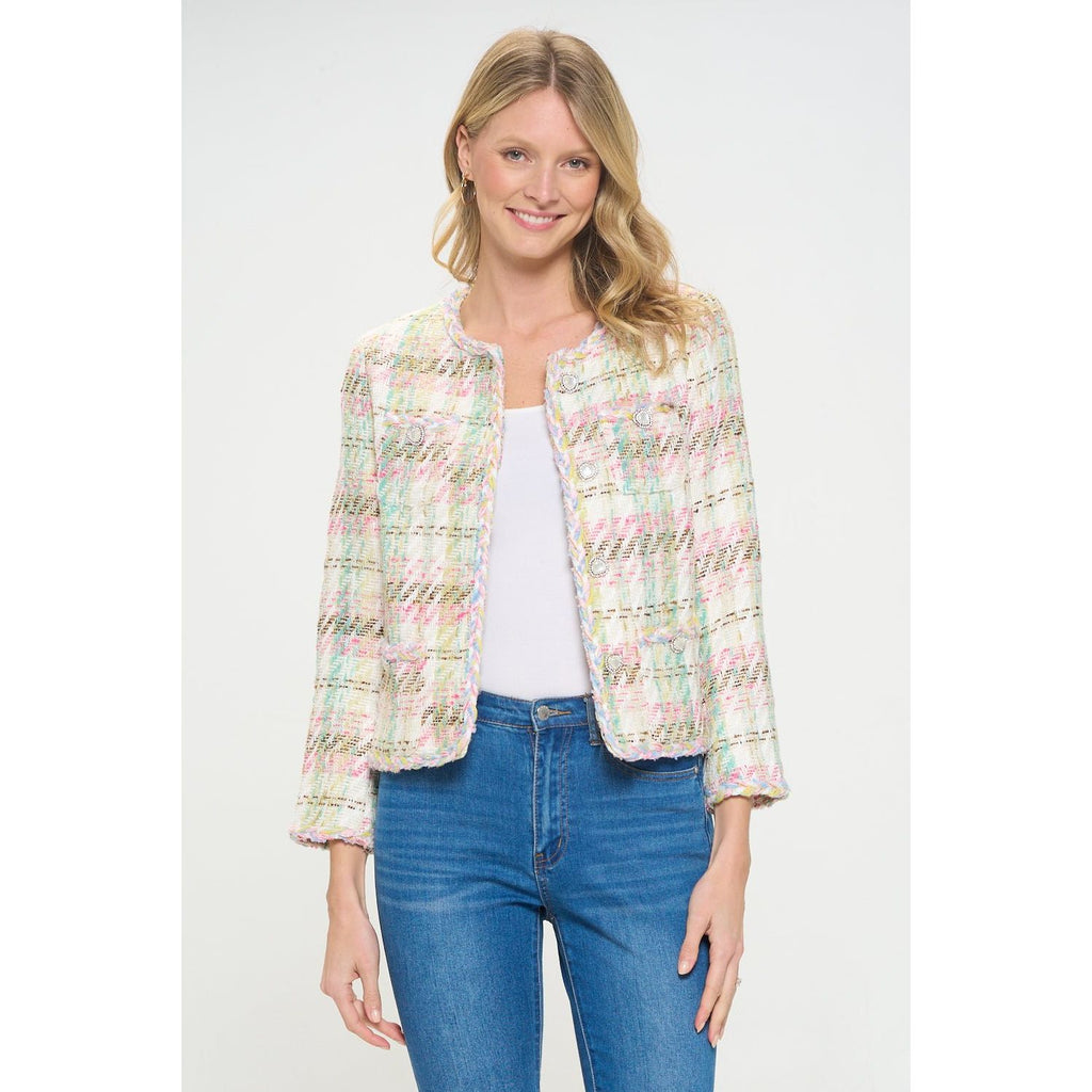 Rainbow Tweed Plaid Elegance Jacket - Sophisticated Formal Wear with Vibrant Flair - KME means the very best