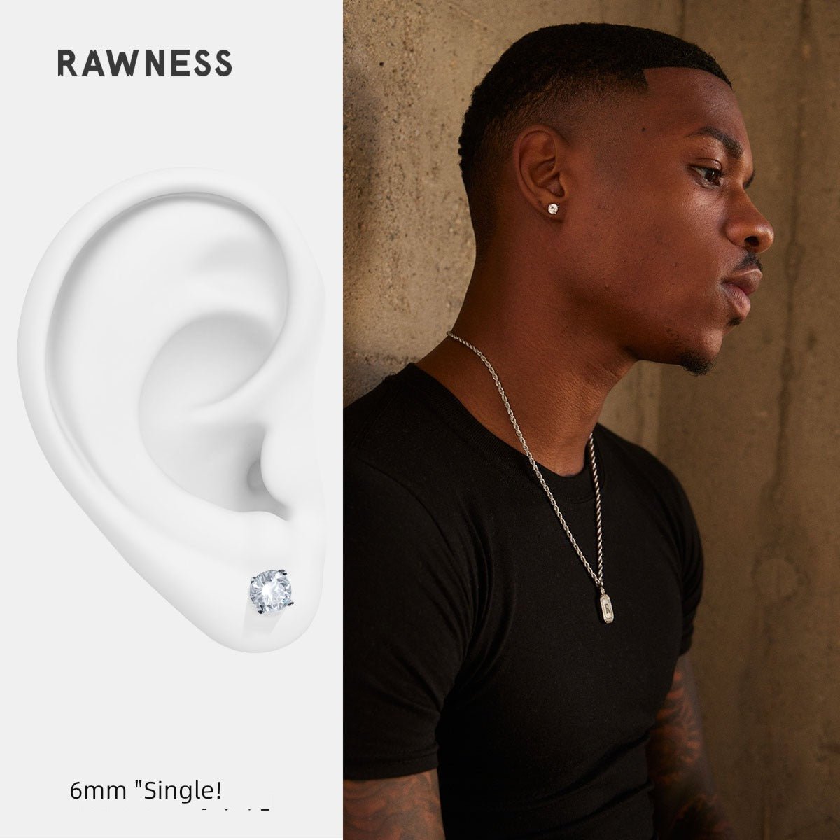 Rawness Moissanite Sterling Silver Men's Hip Hop Style Ear Studs - KME means the very best