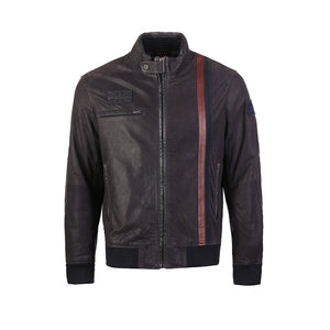 UK Flag Embossed Bomber Leather Jacket with Stripes - KME means the very best