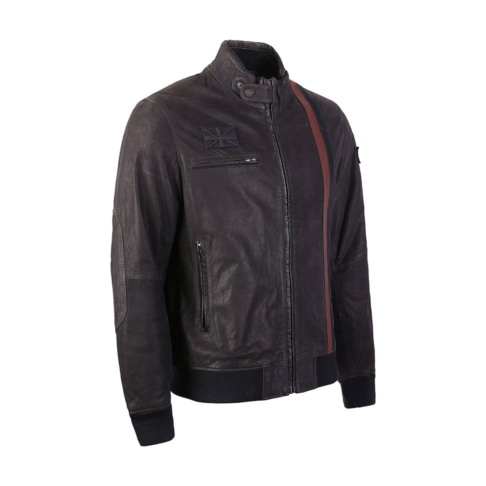 UK Flag Embossed Bomber Leather Jacket with Stripes - KME means the very best