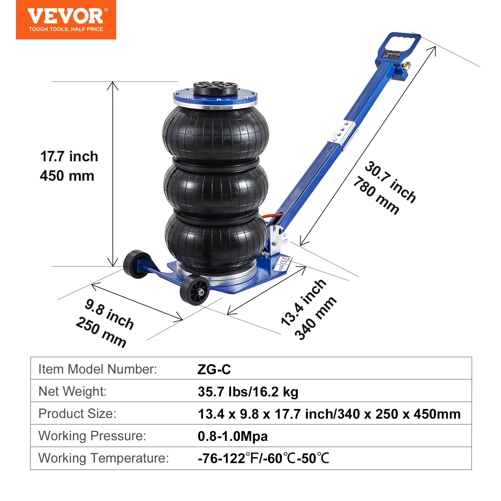 VEVOR 3 Ton Air Jack - 17.7" Lift, Triple Bag, Fast Pneumatic Jack with Steel Pipes & Adjustable Handles (Blue) - KME means the very best