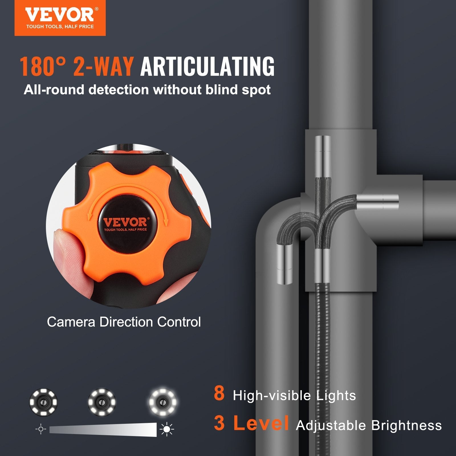 VEVOR Articulating Borescope Camera with Light, Two - Way Articulated Endoscope Inspection Camera with 6.4mm Tiny Lens, 5" IPS 1080P HD Screen, 8X Zoom, 8 LED Light Snake Camera for Automotive, Plumbing - KME means the very best