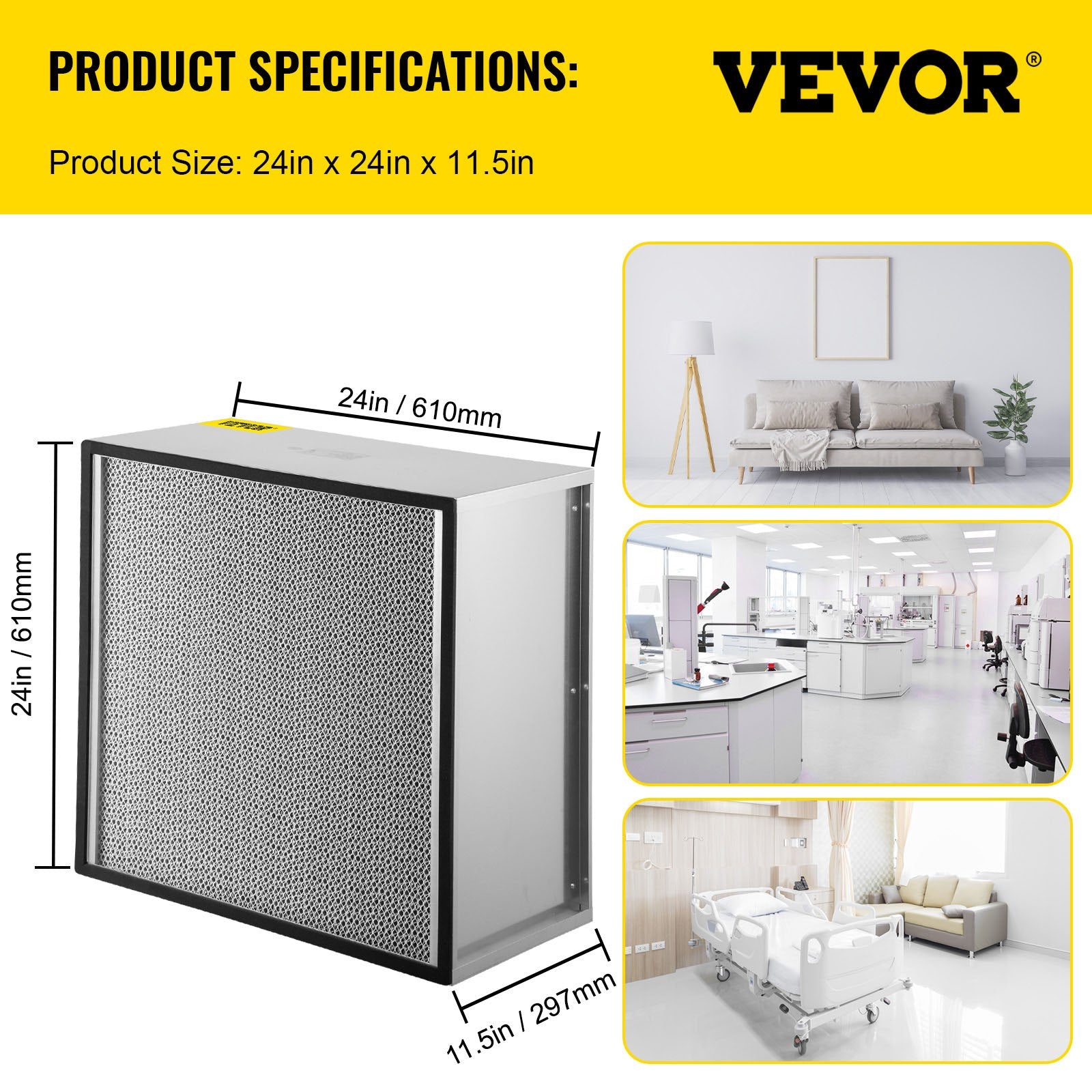 VEVOR HEPA Replacement Filter, 24''x24''x11.5'' AC Filter, True HEPA Pleated Air Filter, Air Filter Replacement with Galvanized Frame, 99.97% Standard Filter Compatible for HEPA Filter Novair 2000 - KME means the very best