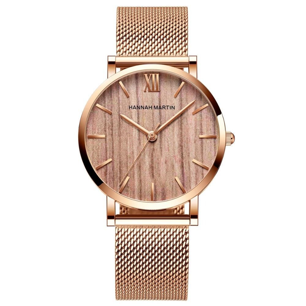 Wood Grain Walnut Japan Quartz Movement Ladies Watches Luxury Brand Stainless Steel Mesh Band Waterproof Women Wrist watches - KME means the very best