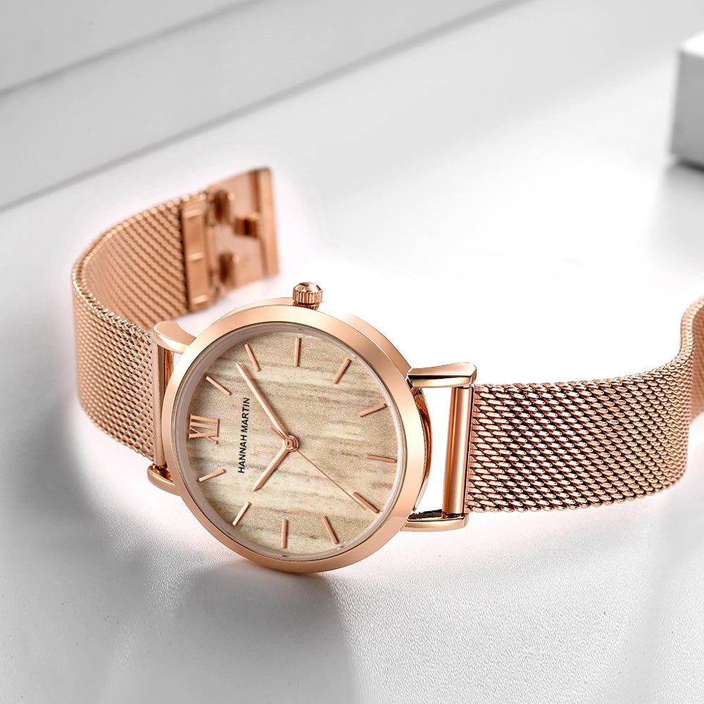 Wood Grain Walnut Japan Quartz Movement Ladies Watches Luxury Brand Stainless Steel Mesh Band Waterproof Women Wrist watches - KME means the very best