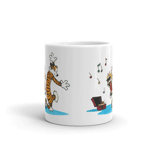 Calvin and Hobbes Dancing with Record Player Mug - KME means the very best
