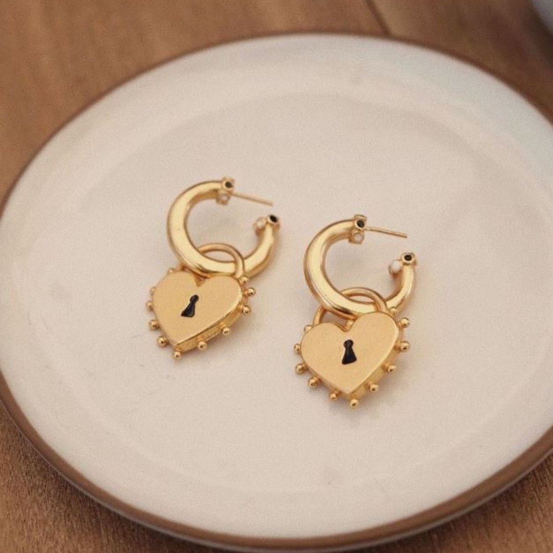 Charming Locked Heart Gold Plated Hoop Earrings: Contemporary Romance with a Touch of Sophistication - KME means the very best