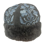 Load image into Gallery viewer, Cozy Elegance: Handmade Suede Grey and Blue Embroidered Winter Hat with Lamb Wool Trim - Unique Fashion for a Stylish Season - KME means the very best
