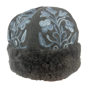 Cozy Elegance: Handmade Suede Grey and Blue Embroidered Winter Hat with Lamb Wool Trim - Unique Fashion for a Stylish Season - KME means the very best