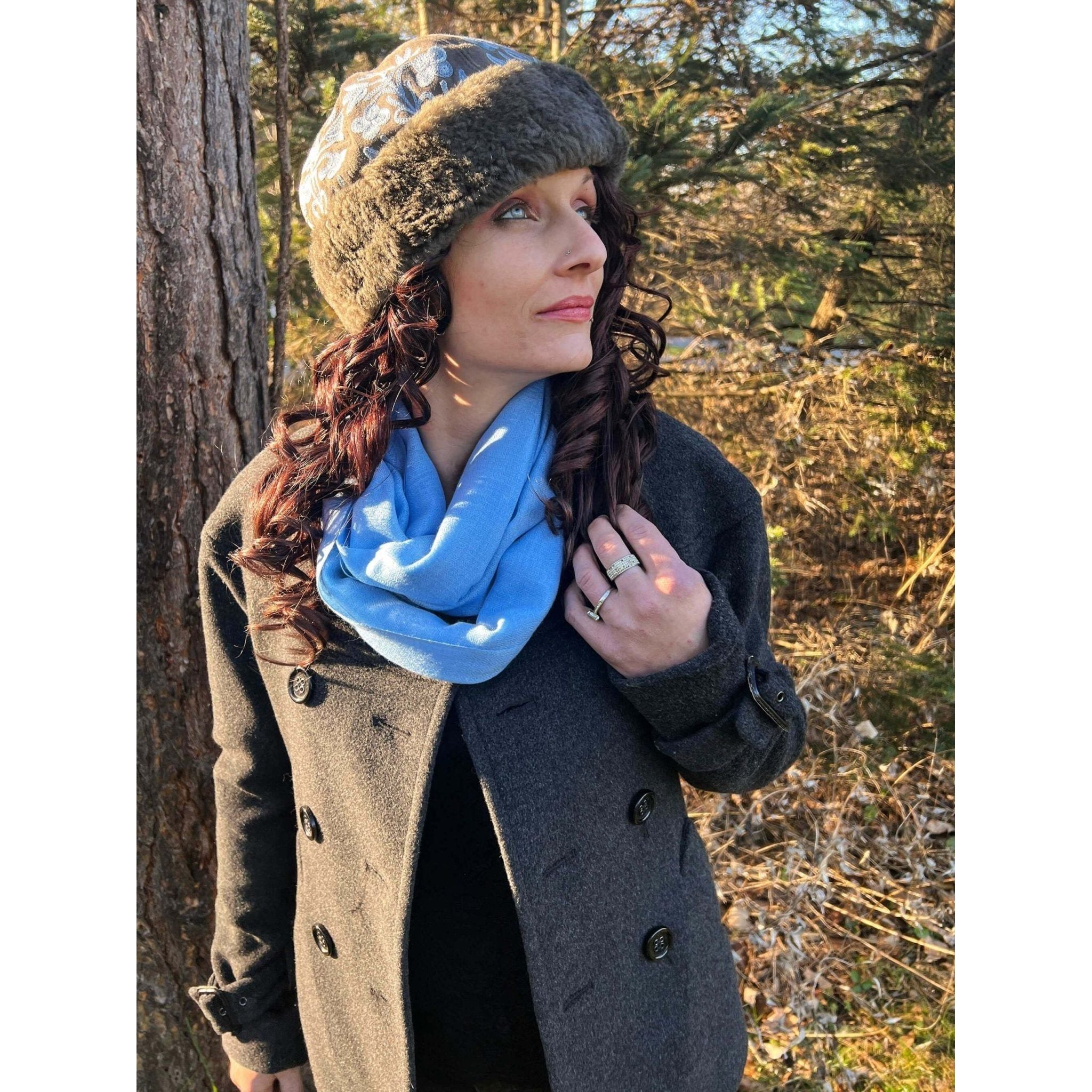 Cozy Elegance: Handmade Suede Grey and Blue Embroidered Winter Hat with Lamb Wool Trim - Unique Fashion for a Stylish Season - KME means the very best