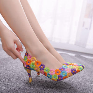 Crystal Queen Women Mutilcolor Lace Wedding Shoes 7CM High Heels Big Size Sweet Pumps Princess Party - KME means the very best