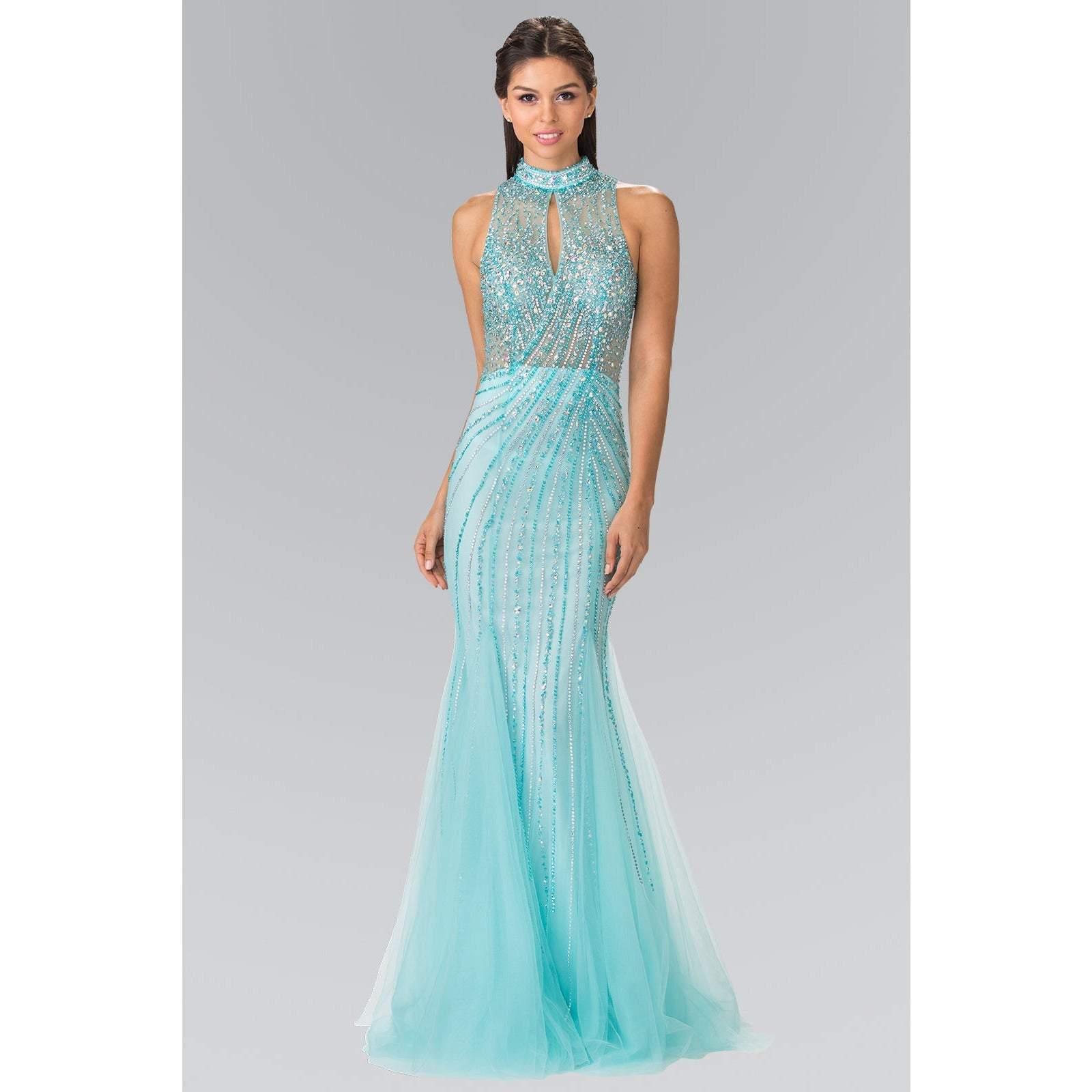Dress Full Beaded Halter Neck Illusion Top Dress with Open Back GLGL2330 - KME means the very best