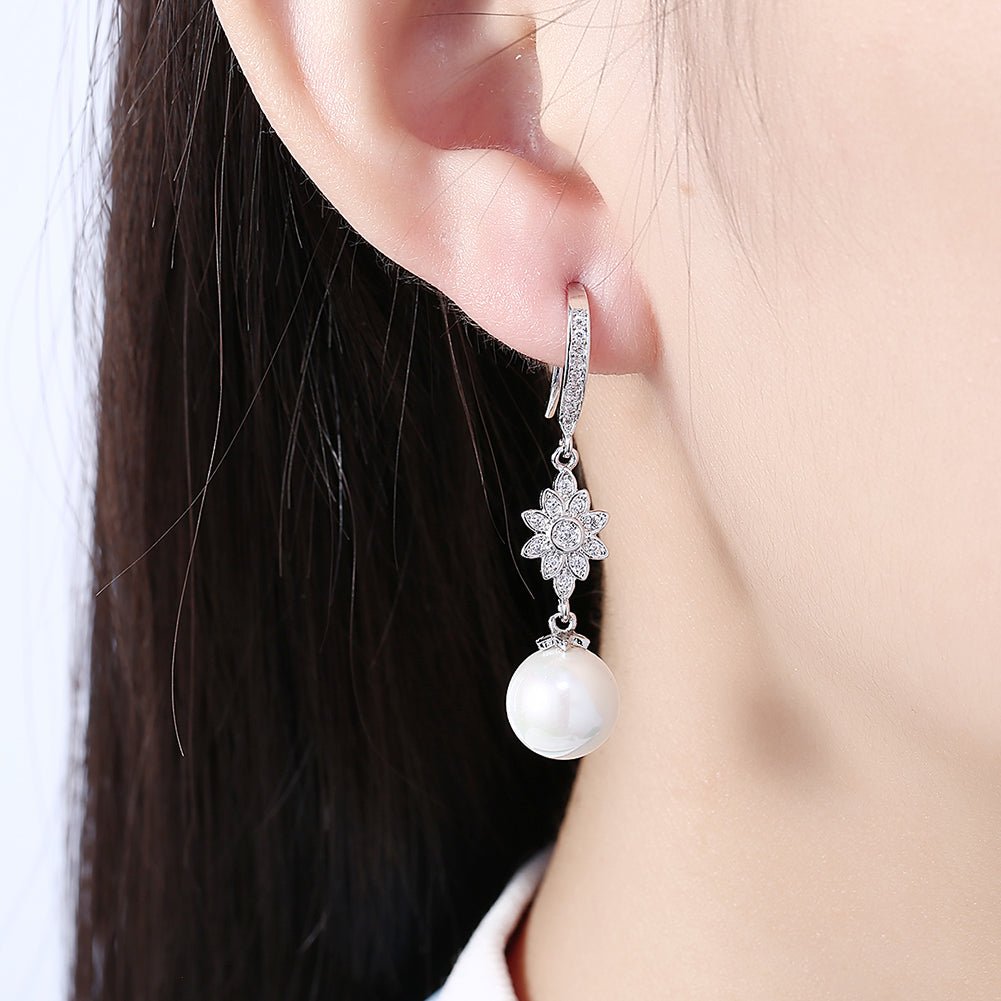 Freshwater Pearl Starburst Drop Earring in 18K White Gold Plated with Crystals - KME means the very best
