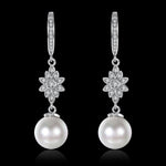 Load image into Gallery viewer, Freshwater Pearl Starburst Drop Earring in 18K White Gold Plated with Crystals - KME means the very best
