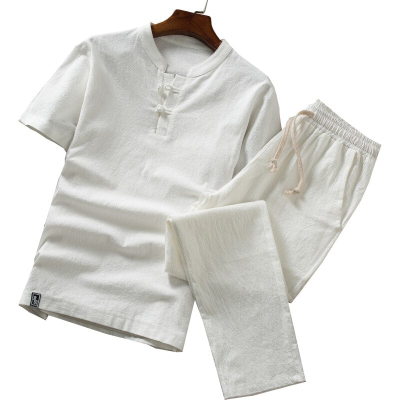 KOLMAKOV - Men's Shirt + Trousers Set Summer Cotton Cropped Suit Linen Shirt Pants High Quality Casual Solid Men's 2pc Summer suit - KME means the very best