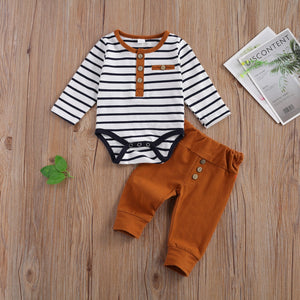 LIORAITIIN - 2 Pcs Baby Boy Girl Casual Suit Clothing Round Neck Long Sleeve Stripe Romper Button Decoration Loose Trousers - KME means the very best