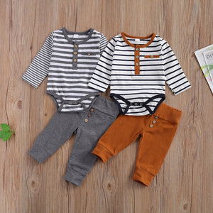 LIORAITIIN - 2 Pcs Baby Boy Girl Casual Suit Clothing Round Neck Long Sleeve Stripe Romper Button Decoration Loose Trousers - KME means the very best