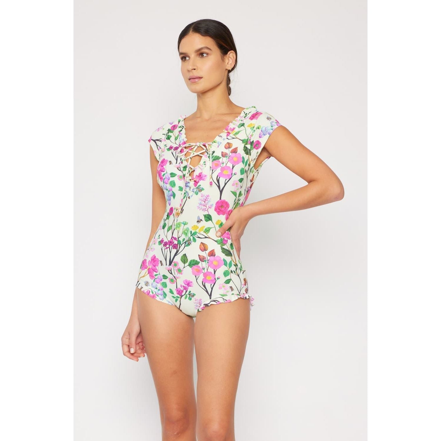 Marina West Swim Bring Me Flowers V-Neck One Piece Swimsuit Cherry Blossom Cream - KME means the very best
