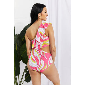 Marina West Swim Vitamin C Asymmetric Cutout Ruffle Swimsuit in Pink - KME means the very best