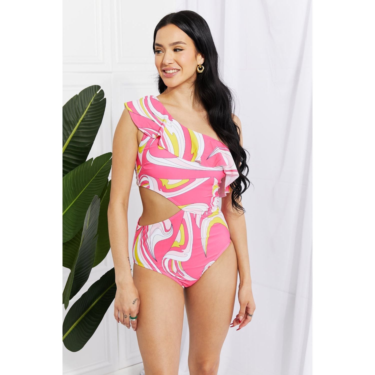 Marina West Swim Vitamin C Asymmetric Cutout Ruffle Swimsuit in Pink - KME means the very best