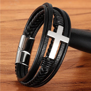 Men's Bracelet Cross Multi-Layer Stainless Steel Leather Bangles Magnetic Clasp - TYO - KME means the very best
