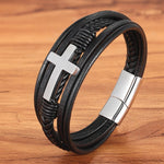 Load image into Gallery viewer, Men&#39;s Bracelet Cross Multi-Layer Stainless Steel Leather Bangles Magnetic Clasp - TYO - KME means the very best
