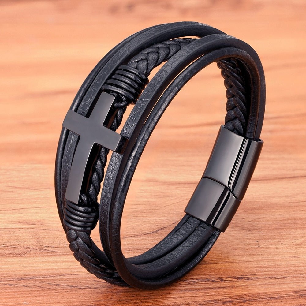 Men's Bracelet Cross Multi-Layer Stainless Steel Leather Bangles Magnetic Clasp - TYO - KME means the very best
