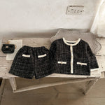 Load image into Gallery viewer, Spring Baby Kids Girls Plaid Cardigan And Shorts Clothing Set - KME means the very best
