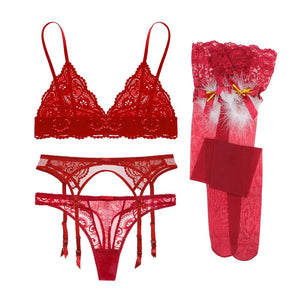Sultry Elegance: Unleash Your Allure with our Sexy Little Chest Gathered 4-Piece Lace Set - Adjustable Sensuality for a Fashionable and Charming Christmas Vibe - KME means the very best