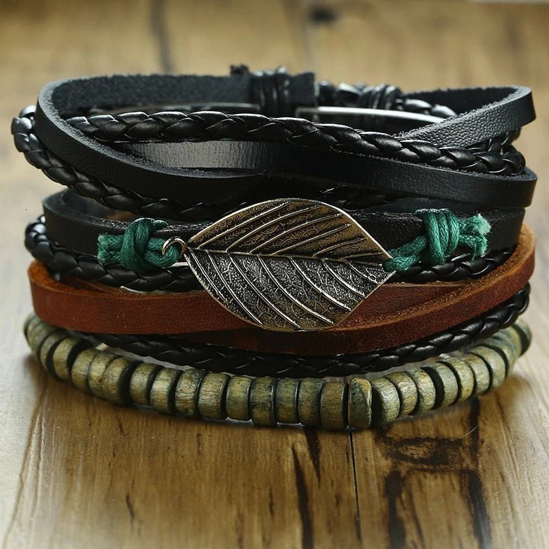 Vnox Men' Bracelet Leather Vintage Life Tree Rudder Charm Wood Beads Ethnic Tribal Wristbands 4pcs - KME means the very best