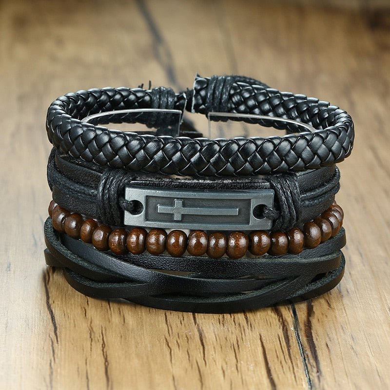 Vnox Men' Bracelet Leather Vintage Life Tree Rudder Charm Wood Beads Ethnic Tribal Wristbands 4pcs - KME means the very best