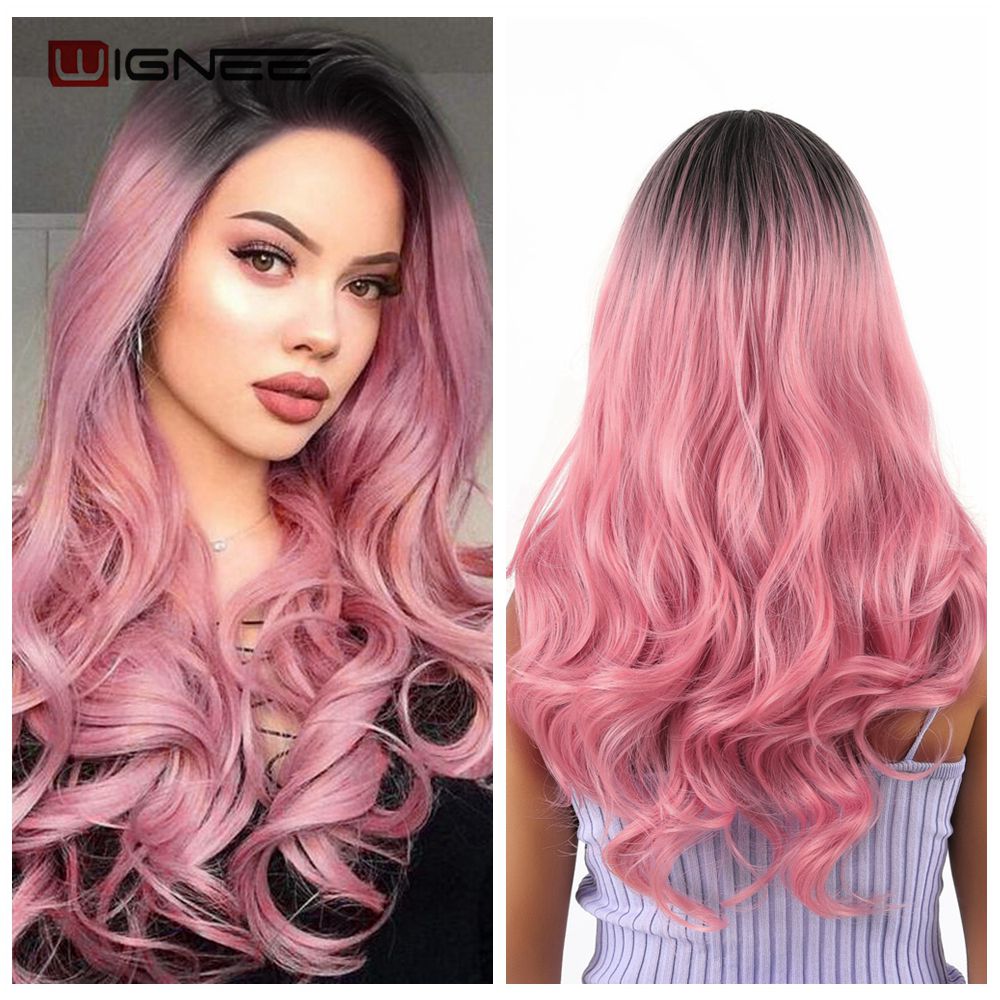 WIGNEE - Pink Wig Hair Synthetic Long Wavy Heat Resistant Wigs For Women Daily/Party Natural Black to Brown/Purple/Ash Blonde Wig - KME means the very best