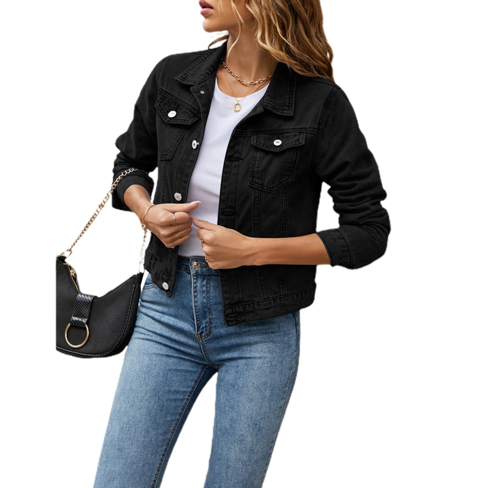 Women&#39;s Denim Jackets Fashion Female Casual Long Sleeve Lapel Solid Button Down Chest Pocket Slim Jean Jacket Fall Winter Coat - KME means the very best